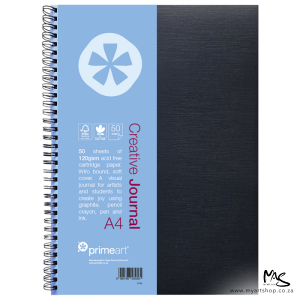 A single A4 Prime Art Soft Cover Creative Journal is shown standing vertically in the center of the frame. The journal has a black cover and a paper insert that is attached to the wiro bound on the front of the cover. The paper insert is blue and has the prime art logo and text describing the product. The wiro bound is along the left hand side of the frame. The image is center of the frame and on a white background.