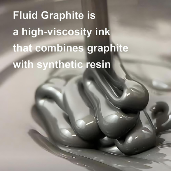 A promotional image for Kuretake ZIG Fluid Graphite. There is a pile of the fluid graphite being poured and you can see how it is forming ridges and sitting on top of itself. The graphite is dark grey. There is white text over the image describing the fluid.