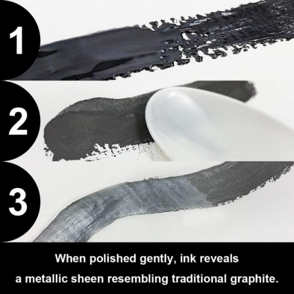 A promotional image for Kuretake ZIG Fluid Graphite. There are three swatches of the fluid shown on a white surface. The fluid has been painted onto the surface. There is a black horizontal rectangle at the bottom of the frame with white text describing the qualities of the fluid.