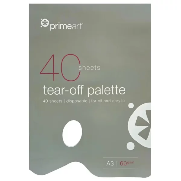 A single A3 Prime Art Tear Off Palette 60gsm is shown in the center of the frame vertically. The pad has a grey cover with the Prime Art logo printed in the top left hand corner of the pad, as well as product details. There is a hold in the pad that allows you to insert your finger so you can hold the pad like a wooden palette. On a white background.