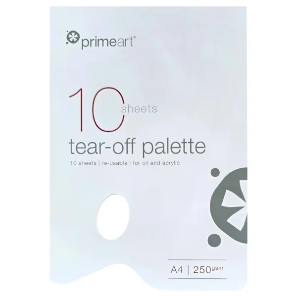 A single A4 Prime Art Tear Off Palette 60gsm is shown in the center of the frame vertically. The pad has a white cover with the Prime Art logo printed in the top left hand corner of the pad, as well as product details. There is a hold in the pad that allows you to insert your finger so you can hold the pad like a wooden palette. On a white background.