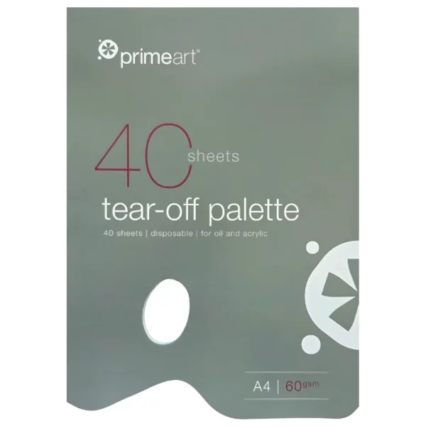 A single A4 Prime Art Tear Off Palette 60gsm is shown in the center of the frame vertically. The pad has a grey cover with the Prime Art logo printed in the top left hand corner of the pad, as well as product details. There is a hold in the pad that allows you to insert your finger so you can hold the pad like a wooden palette. On a white background.