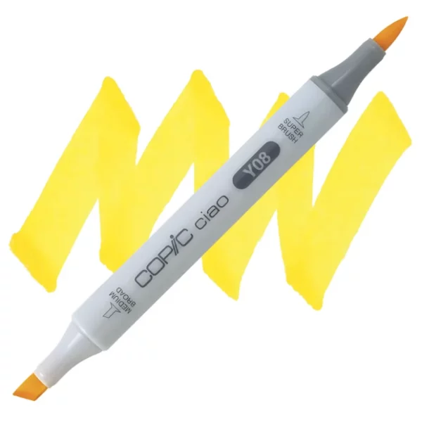 in the center of the image is a single copic marker that is sitting diagonally across the image. from left to right. it has a grey body and both caps are off showing the two different nibs, one brush at the top and the chisel tip at the bottom. it is sitting infront of a squiggle of the same colour as the marker on a white background