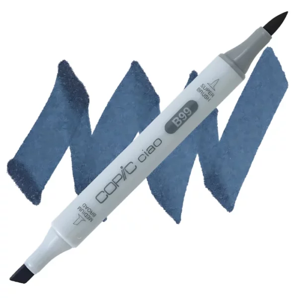 in the center of the image is a single copic marker that is sitting diagonally across the image. from left to right. it has a grey body and both caps are off showing the two different nibs, one brush at the top and the chisel tip at the bottom. it is sitting infront of a squiggle of the same colour as the marker on a white background