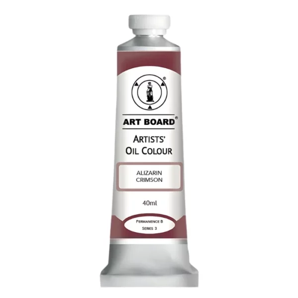 A tube of Alizarin Crimson Artboard Oil Paint 40ml is shown standing vertically in the center of the frame. The tube is silver and has a label around the body of the tube. Parts of the label are coloured, to denote the colour of the paint inside the tube. The artboard logo and name are printed at the top of the label and the colour and product details are printed below. The tube has a white plastic, screw on lid. On a white background.