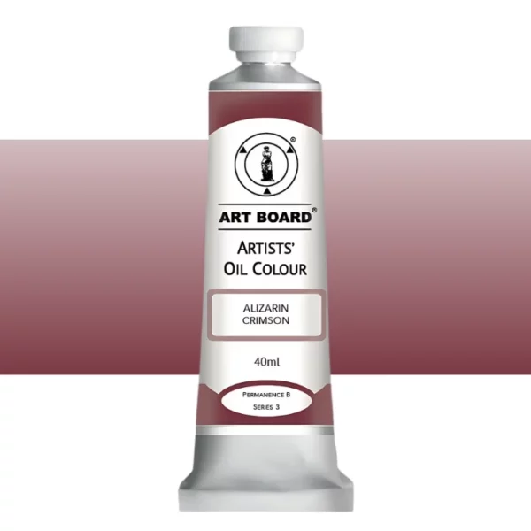 A tube of Alizarin Crimson Artboard Oil Paint 40ml is shown standing vertically in the center of the frame. The tube is silver and has a label around the body of the tube. Parts of the label are coloured, to denote the colour of the paint inside the tube. The artboard logo and name are printed at the top of the label and the colour and product details are printed below. The tube has a white plastic, screw on lid. A graded horizontal rectangle is seen in the background, this denotes the colour of the paint inside the tube. On a white background.