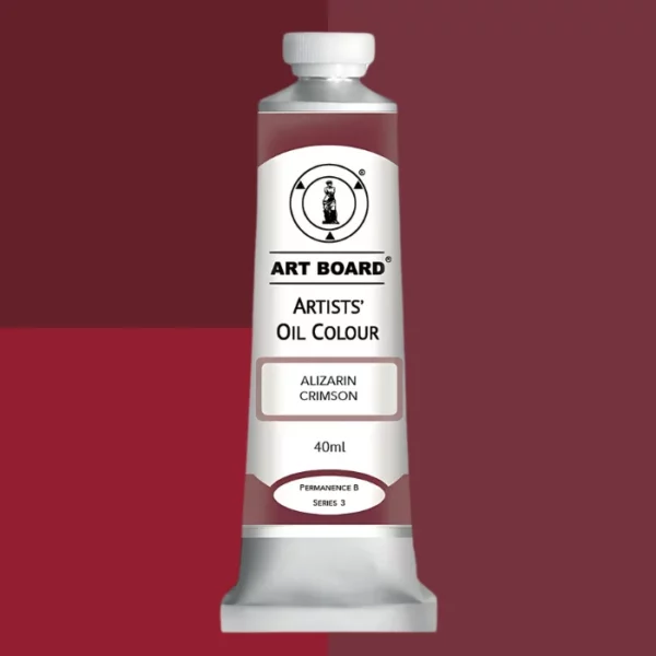 A tube of Alizarin Crimson Artboard Oil Paint 40ml is shown standing vertically in the center of the frame. The tube is silver and has a label around the body of the tube. Parts of the label are coloured, to denote the colour of the paint inside the tube. The artboard logo and name are printed at the top of the label and the colour and product details are printed below. The tube has a white plastic, screw on lid. Different shades of the paint colour are shown in the background in blocks, behind the tube.