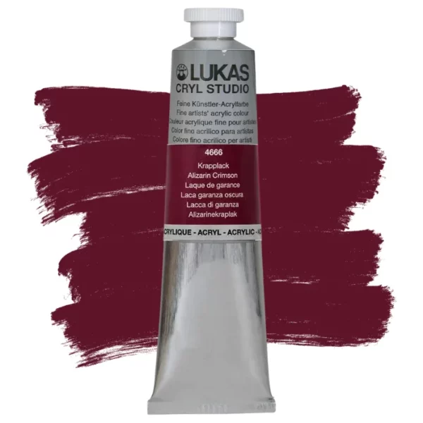 A single tube of Alizarin Crimson Lukas Cryl STUDIO Acrylics 75ml is shown in the center of the frame, standing vertically. The tube is silver and has a colour band around the body of the tube that denotes the colour of the paint inside. The Lukas name and logo is printed at the top of the tube and there is black text below the logo that describes the paint. The tube has a white plastic, screw on lid. There is a paint swatch in the background that indicates the colour of the paint inside the tube. The image is center of the frame and on a white background.