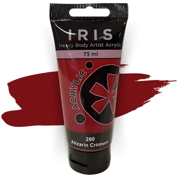 A single tube of Alizarin Crimson Prime Art Iris Acrylic Paint 75ml is shown in the frame. The tube is a clear plastic with a black printed band at the top of each tube that has the Prime Art Iris Logo printed on it. The tube has a black flip cap that the tube stands on. You can see the colour of the paint through the tube. On a white background.