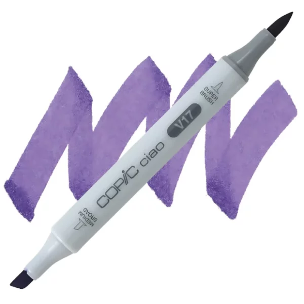 in the center of the image is a single copic marker that is sitting diagonally across the image. from left to right. it has a grey body and both caps are off showing the two different nibs, one brush at the top and the chisel tip at the bottom. it is sitting infront of a squiggle of the same colour as the marker on a white background