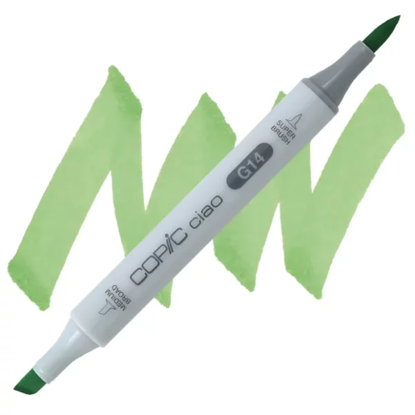 in the center of the image is a single copic marker that is sitting diagonally across the image. from left to right. it has a grey body and both caps are off showing the two different nibs, one brush at the top and the chisel tip at the bottom. it is sitting infront of a squiggle of the same colour as the marker on a white background