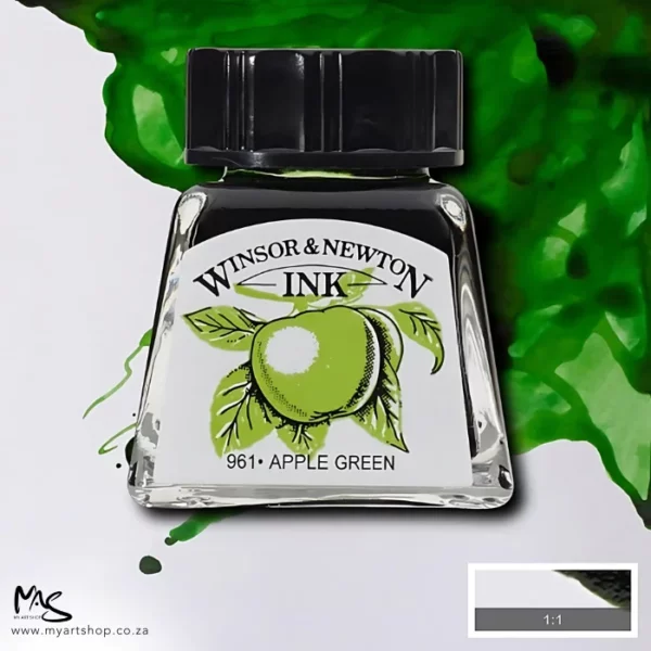 A single bottle of Apple Green Winsor & Newton Drawing Ink can be seen in the center of the frame, with ink in the background, in the top right hand corner of the frame, flowing into the frame. The ink is the colour of the ink inside the bottle. The bottle is a clear glass bottle and so you can see the colour of the ink inside. There is a black, plastic screw on lid and a label stuck to the front of the bottle with the brand name and logo on it. There is a small rectangular colour block with a sample of the ink colour in a 1:1 ratio, in the bottom right hand corner of the frame.