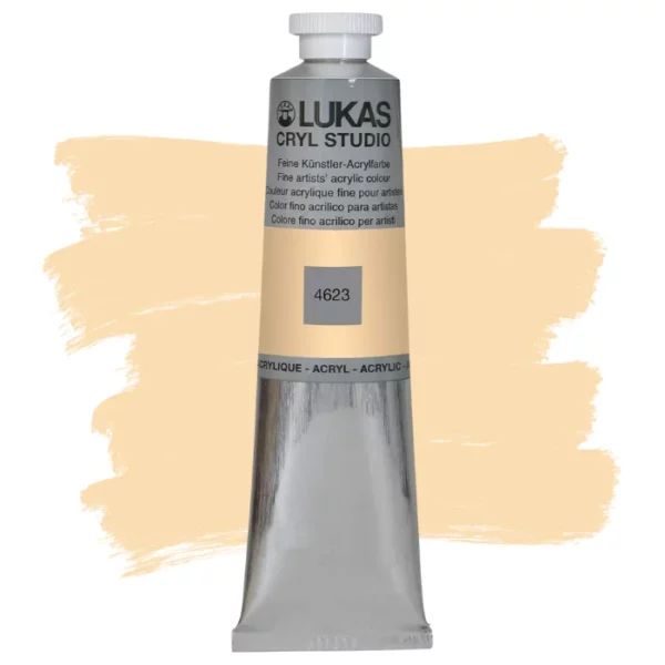 A single tube of Apricot Lukas Cryl STUDIO Acrylics 75ml is shown in the center of the frame, standing vertically. The tube is silver and has a colour band around the body of the tube that denotes the colour of the paint inside. The Lukas name and logo is printed at the top of the tube and there is black text below the logo that describes the paint. The tube has a white plastic, screw on lid. There is a paint swatch in the background that indicates the colour of the paint inside the tube. The image is center of the frame and on a white background.