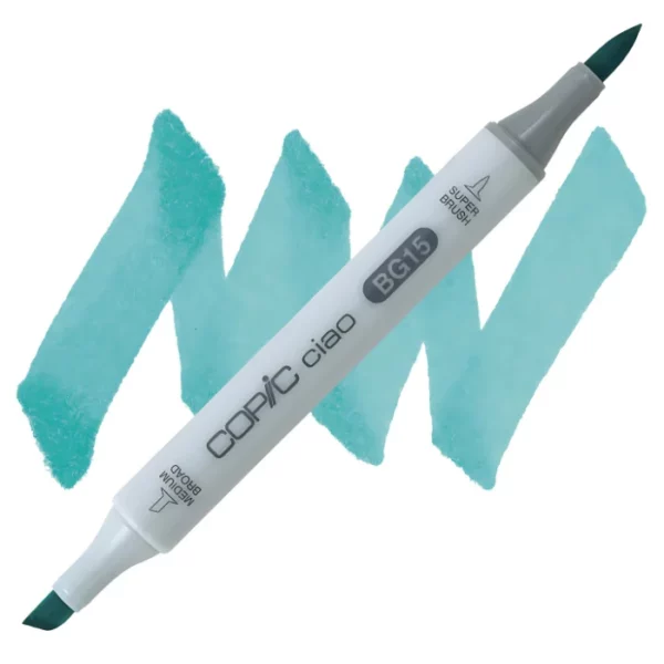 in the center of the image is a single copic marker that is sitting diagonally across the image. from left to right. it has a grey body and both caps are off showing the two different nibs, one brush at the top and the chisel tip at the bottom. it is sitting infront of a squiggle of the same colour as the marker on a white background