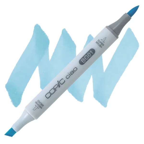 in the center of the image is a single copic marker that is sitting diagonally across the image. from left to right. it has a grey body and both caps are off showing the two different nibs, one brush at the top and the chisel tip at the bottom. it is sitting infront of a squiggle of the same colour as the marker on a white background