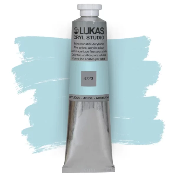 A single tube of Arctic Lukas Cryl STUDIO Acrylics 75ml is shown in the center of the frame, standing vertically. The tube is silver and has a colour band around the body of the tube that denotes the colour of the paint inside. The Lukas name and logo is printed at the top of the tube and there is black text below the logo that describes the paint. The tube has a white plastic, screw on lid. There is a paint swatch in the background that indicates the colour of the paint inside the tube. The image is center of the frame and on a white background.