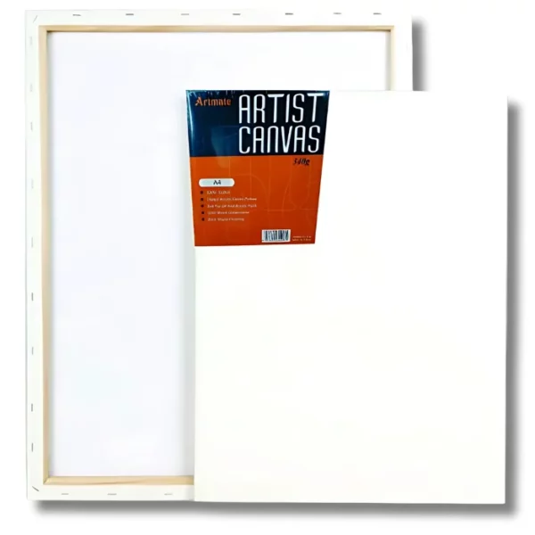 Artmate Studio Stretched Box Canvas 340gsm. One canvas facing the front and another canvas with the back facing forward to show the back staples