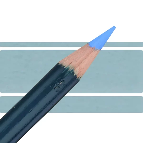 a derwent artists coloured pencil is seen in a close up ciming in from the left habd corner of the image. the tip is facing the right hand side top of the image. in a horizontal line. it has a green hamdle and a wooden end with the coloured tip. there are three horizontal stripes behind it that are the same colour as the nib of the pencil. on a white background