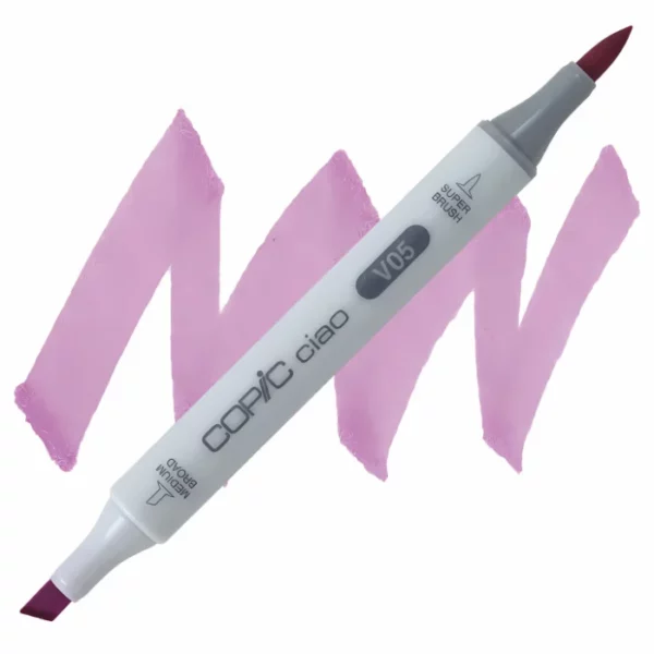 in the center of the image is a single copic marker that is sitting diagonally across the image. from left to right. it has a grey body and both caps are off showing the two different nibs, one brush at the top and the chisel tip at the bottom. it is sitting infront of a squiggle of the same colour as the marker on a white background