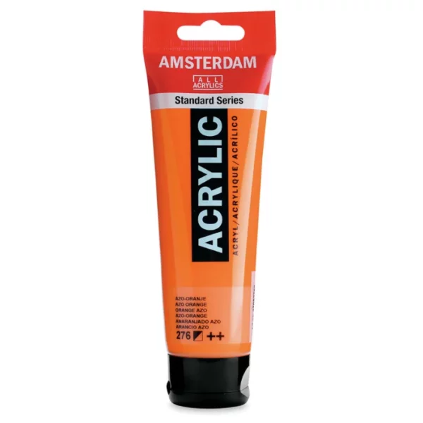 A single tube of Azo Orange Amsterdam Acrylic Paint 120ml is standing vertically in the center of the frame. The tube is made of a clear plastic and has a red band at the end of the tube with a hole so it can hang. The tube has a black, plastic flip top cap, that the bottle stands on. There is black text on the body of the tube describing the product colour and details. The colour of the paint can be seen through the tube. On a white background.