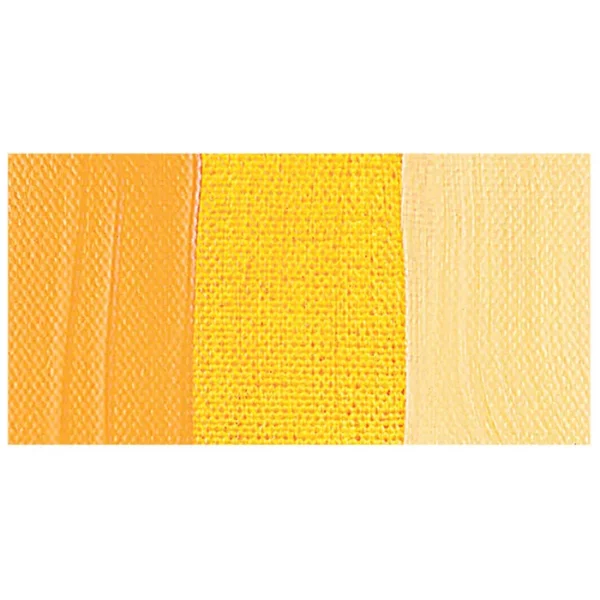 A colour swatch of a tube of Azo Yellow Deep Amsterdam Acrylic Paint. The swatch is on a horizontal rectangle across the center of the frame. The swatch shows the colour in different gradient's. On a white background.