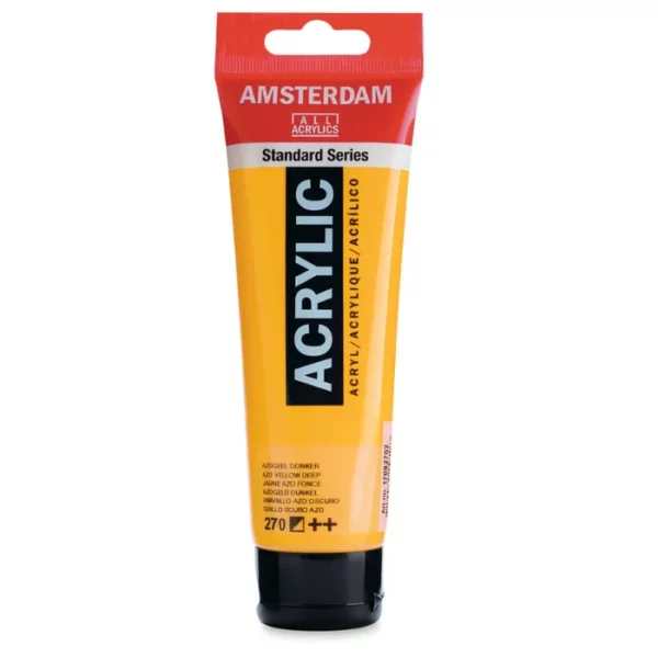 A single tube of Azo Yellow Deep Amsterdam Acrylic Paint 120ml is standing vertically in the center of the frame. The tube is made of a clear plastic and has a red band at the end of the tube with a hole so it can hang. The tube has a black, plastic flip top cap, that the bottle stands on. There is black text on the body of the tube describing the product colour and details. The colour of the paint can be seen through the tube. On a white background.