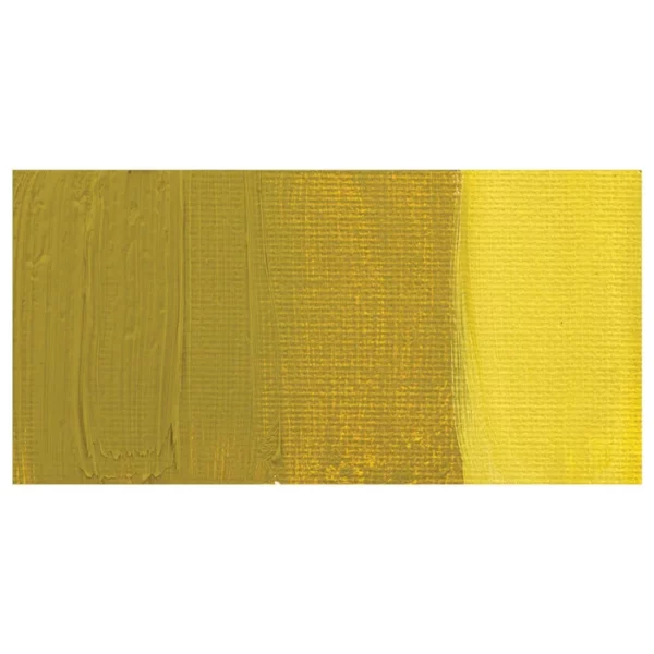 A rectangular colour swatch of Azo Yellow Green Winsor and Newton Winton Oil Paint is shown across the center of the frame. The colour swatch shows the tube colour in three gradients from left to right. On a white background.