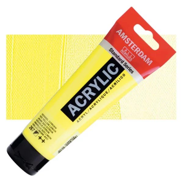 A single tube of Azo Yellow Lemon Amsterdam Acrylic Paint 120ml is shown diagonally across the center of the frame. The tube is made of a clear plastic and has a red band at the end of the tube with a hole so it can hang. The tube has a black, plastic flip top cap, that the bottle stands on. There is black text on the body of the tube describing the product colour and details. The colour of the paint can be seen through the tube. There is a rectangular colour swatch of the paint, behind the tube. The swatch shows the colour in different gradient's. The image is center of the frame and on a white background.