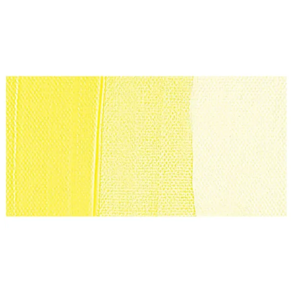 A colour swatch of a tube of Azo Yellow Lemon Amsterdam Acrylic Paint. The swatch is on a horizontal rectangle across the center of the frame. The swatch shows the colour in different gradient's. On a white background.