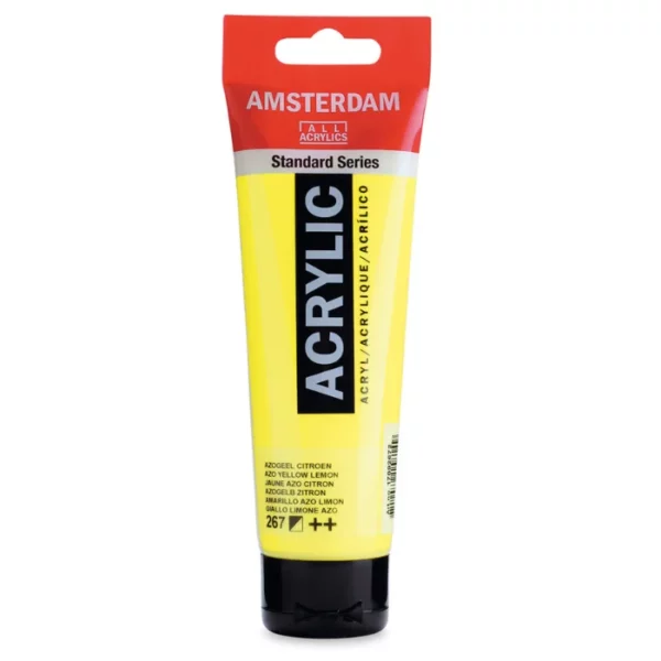 A single tube of Azo Yellow Lemon Amsterdam Acrylic Paint 120ml is standing vertically in the center of the frame. The tube is made of a clear plastic and has a red band at the end of the tube with a hole so it can hang. The tube has a black, plastic flip top cap, that the bottle stands on. There is black text on the body of the tube describing the product colour and details. The colour of the paint can be seen through the tube. On a white background.