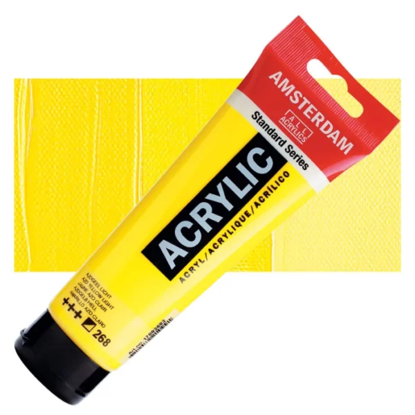 A single tube of Azo Yellow Light Amsterdam Acrylic Paint 120ml is shown diagonally across the center of the frame. The tube is made of a clear plastic and has a red band at the end of the tube with a hole so it can hang. The tube has a black, plastic flip top cap, that the bottle stands on. There is black text on the body of the tube describing the product colour and details. The colour of the paint can be seen through the tube. There is a rectangular colour swatch of the paint, behind the tube. The swatch shows the colour in different gradient's. The image is center of the frame and on a white background.