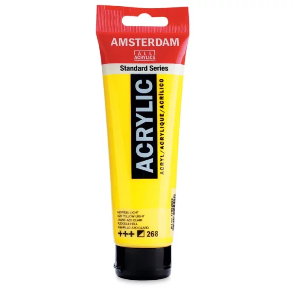 A single tube of Azo Yellow Light Amsterdam Acrylic Paint 120ml is standing vertically in the center of the frame. The tube is made of a clear plastic and has a red band at the end of the tube with a hole so it can hang. The tube has a black, plastic flip top cap, that the bottle stands on. There is black text on the body of the tube describing the product colour and details. The colour of the paint can be seen through the tube. On a white background.