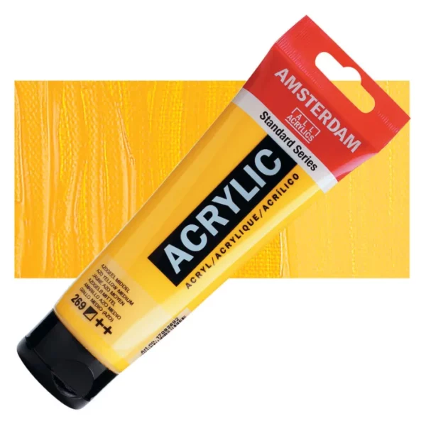 A single tube of Azo Yellow Medium Amsterdam Acrylic Paint 120ml is shown diagonally across the center of the frame. The tube is made of a clear plastic and has a red band at the end of the tube with a hole so it can hang. The tube has a black, plastic flip top cap, that the bottle stands on. There is black text on the body of the tube describing the product colour and details. The colour of the paint can be seen through the tube. There is a rectangular colour swatch of the paint, behind the tube. The swatch shows the colour in different gradient's. The image is center of the frame and on a white background.