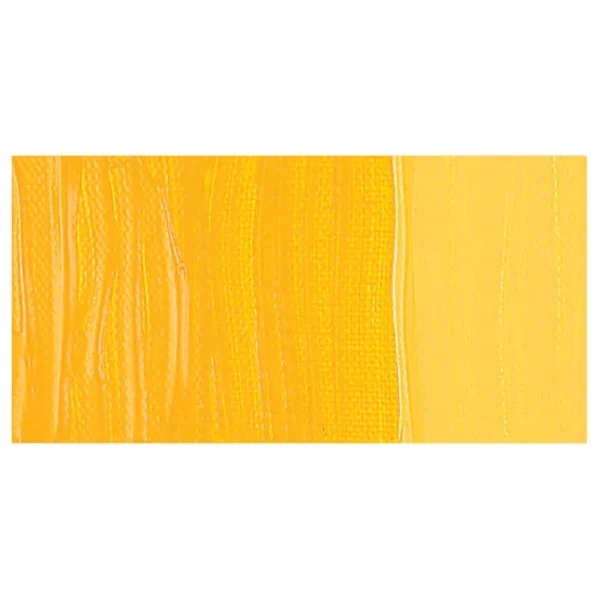 A colour swatch of a tube of Azo Yellow Medium Amsterdam Acrylic Paint. The swatch is on a horizontal rectangle across the center of the frame. The swatch shows the colour in different gradient's. On a white background.