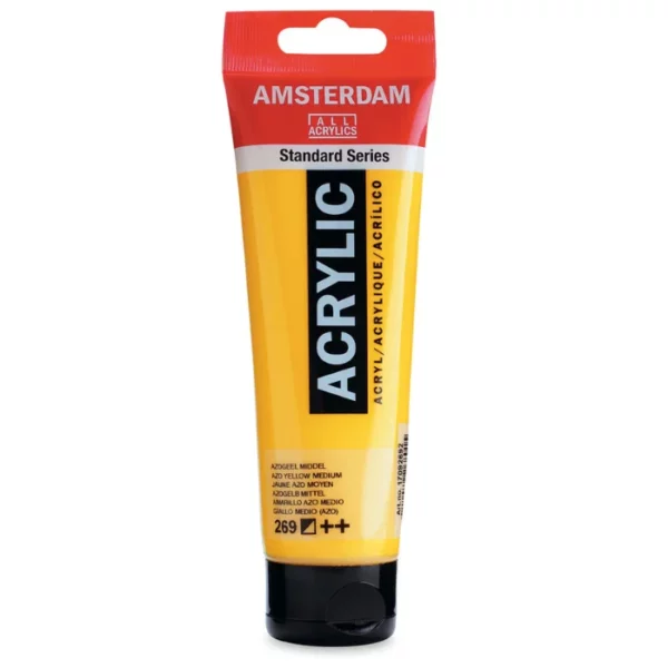 A single tube of Azo Yellow Medium Amsterdam Acrylic Paint 120ml is standing vertically in the center of the frame. The tube is made of a clear plastic and has a red band at the end of the tube with a hole so it can hang. The tube has a black, plastic flip top cap, that the bottle stands on. There is black text on the body of the tube describing the product colour and details. The colour of the paint can be seen through the tube. On a white background.