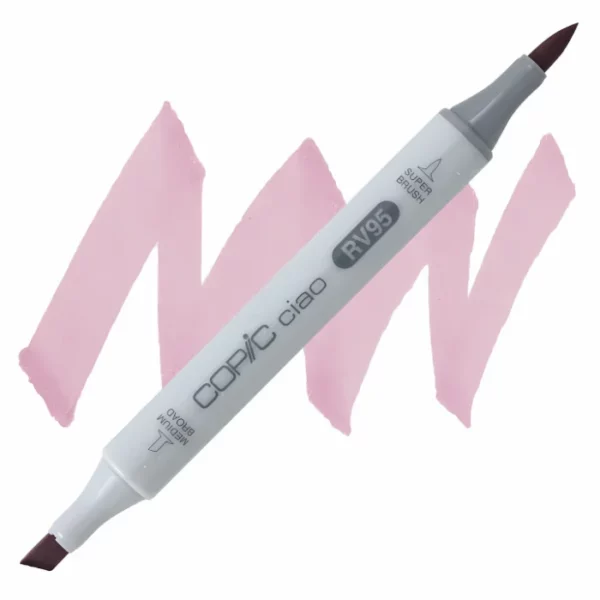 in the center of the image is a single copic marker that is sitting diagonally across the image. from left to right. it has a grey body and both caps are off showing the two different nibs, one brush at the top and the chisel tip at the bottom. it is sitting infront of a squiggle of the same colour as the marker on a white background