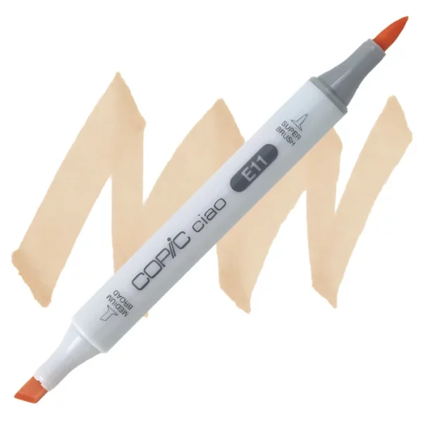 in the center of the image is a single copic marker that is sitting diagonally across the image. from left to right. it has a grey body and both caps are off showing the two different nibs, one brush at the top and the chisel tip at the bottom. it is sitting infront of a squiggle of the same colour as the marker on a white background