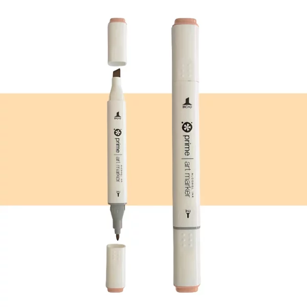 two prime art alcohol ink markers are standing upright in the center of the image. the one on the left has both caps off showing the two different types of nibs. the one on the right has both the caps on. they are cream coloured pens with black writing on them. they are sitting infront of a horizontal stripe of colour that shows what colour the marker is. on a white background