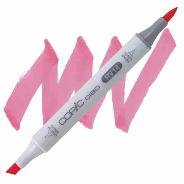 in the center of the image is a single copic marker that is sitting diagonally across the image. from left to right. it has a grey body and both caps are off showing the two different nibs, one brush at the top and the chisel tip at the bottom. it is sitting infront of a squiggle of the same colour as the marker on a white background