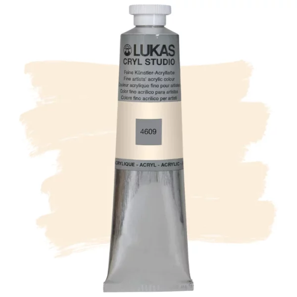 A single tube of Beige Lukas Cryl STUDIO Acrylics 75ml is shown in the center of the frame, standing vertically. The tube is silver and has a colour band around the body of the tube that denotes the colour of the paint inside. The Lukas name and logo is printed at the top of the tube and there is black text below the logo that describes the paint. The tube has a white plastic, screw on lid. There is a paint swatch in the background that indicates the colour of the paint inside the tube. The image is center of the frame and on a white background.