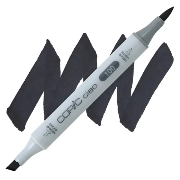 in the center of the image is a single copic marker that is sitting diagonally across the image. from left to right. it has a grey body and both caps are off showing the two different nibs, one brush at the top and the chisel tip at the bottom. it is sitting infront of a squiggle of the same colour as the marker on a white background