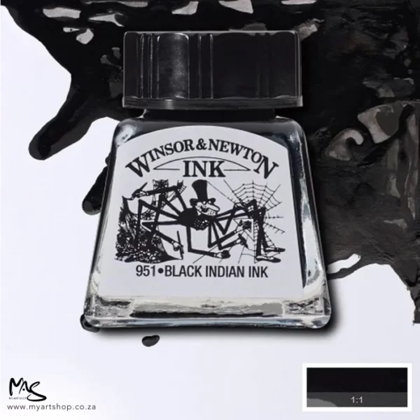 A single bottle of Black Indian Ink Winsor & Newton Drawing Ink can be seen in the center of the frame, with ink in the background, in the top right hand corner of the frame, flowing into the frame. The ink is the colour of the ink inside the bottle. The bottle is a clear glass bottle and so you can see the colour of the ink inside. There is a black, plastic screw on lid and a label stuck to the front of the bottle with the brand name and logo on it. There is a small rectangular colour block with a sample of the ink colour in a 1:1 ratio, in the bottom right hand corner of the frame.