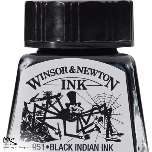 A close up of a single bottle of Black Indian Ink Winsor & Newton Drawing Ink. The bottom of the bottle is cut off by the frame. The bottle is clear glass so you can see the colour of the ink inside, with a black screw on plastic lid. There is a label on the front of the bottle with the brand logo.