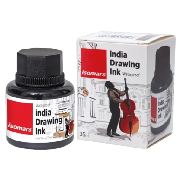 A single bottle of Black Isomars Indian Waterproof Drawing Ink is shown in the center of the frame with the box packaging to the right of it.. The bottle is a clear plastic and you can see the colour of the ink inside. The bottle has s black, plastic, screw on lid and a printed label around the body of the bottle. On a white background.