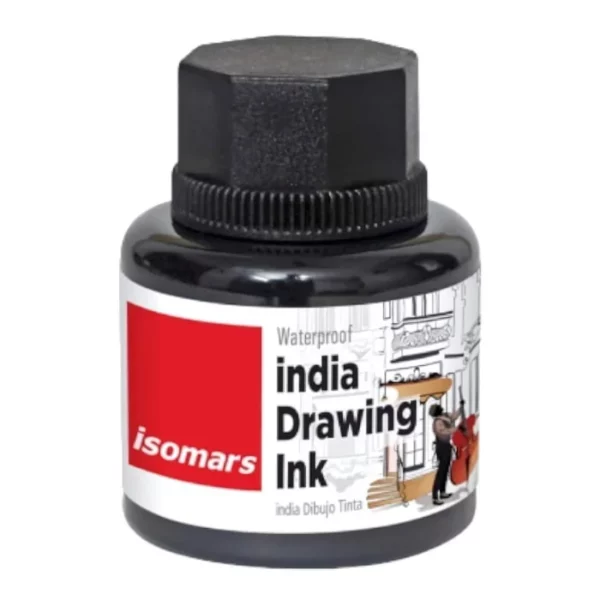 A single bottle of Black Isomars Indian Waterproof Drawing Ink is shown in the center of the frame. The bottle is a clear plastic and you can see the colour of the ink inside. The bottle has s black, plastic, screw on lid and a printed label around the body of the bottle. On a white background.