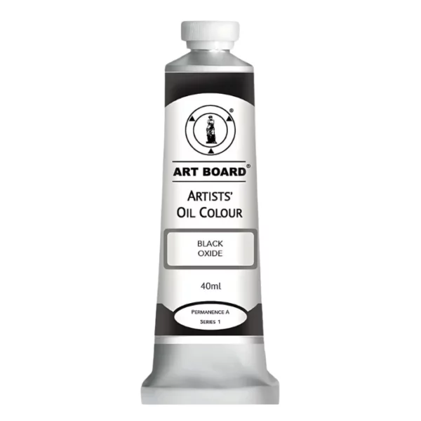 A tube of Black Oxide Artboard Oil Paint 40ml is shown standing vertically in the center of the frame. The tube is silver and has a label around the body of the tube. Parts of the label are coloured, to denote the colour of the paint inside the tube. The artboard logo and name are printed at the top of the label and the colour and product details are printed below. The tube has a white plastic, screw on lid. On a white background.