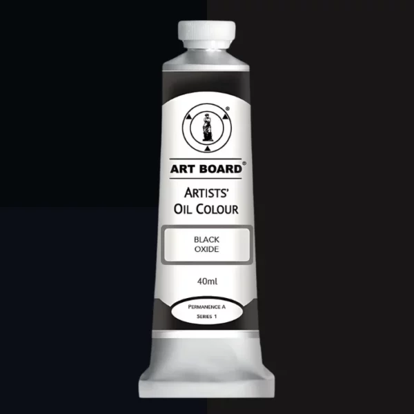 A tube of Black Oxide Artboard Oil Paint 40ml is shown standing vertically in the center of the frame. The tube is silver and has a label around the body of the tube. Parts of the label are coloured, to denote the colour of the paint inside the tube. The artboard logo and name are printed at the top of the label and the colour and product details are printed below. The tube has a white plastic, screw on lid. Different shades of the paint colour are shown in the background in blocks, behind the tube.