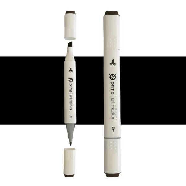 two prime art alcohol ink markers are standing upright in the center of the image. the one on the left has both caps off showing the two different types of nibs. the one on the right has both the caps on. they are cream coloured pens with black writing on them. they are sitting infront of a horizontal stripe of colour that shows what colour the marker is. on a white background