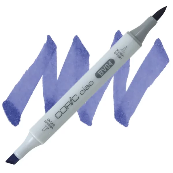 in the center of the image is a single copic marker that is sitting diagonally across the image. from left to right. it has a grey body and both caps are off showing the two different nibs, one brush at the top and the chisel tip at the bottom. it is sitting infront of a squiggle of the same colour as the marker on a white background