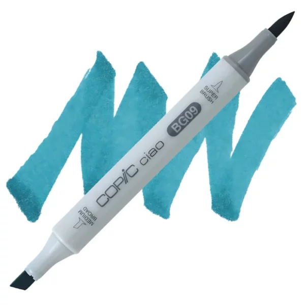 in the center of the image is a single copic marker that is sitting diagonally across the image. from left to right. it has a grey body and both caps are off showing the two different nibs, one brush at the top and the chisel tip at the bottom. it is sitting infront of a squiggle of the same colour as the marker on a white background